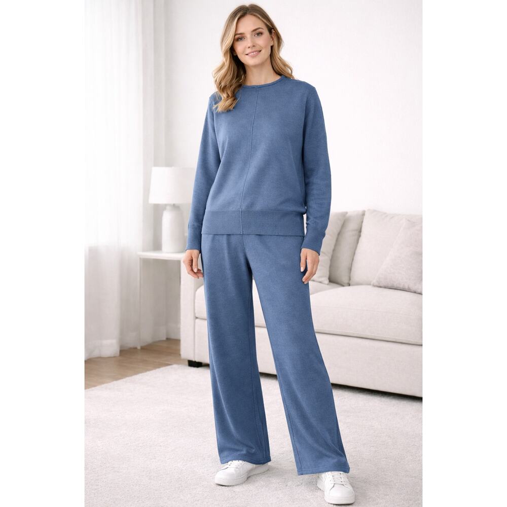 Blue Knit Two Piece Lounge Set L Women’s Cozy Soft Pullover Sweater Wide Pants